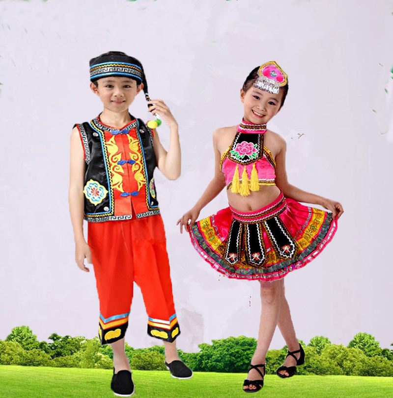 儿童苗族演出服男女童傣族少数民族服装壮族彝族民族风竹竿舞表演