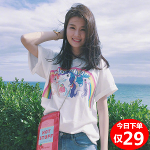 2018夏装明星同款chic独角兽彩虹小马圆领T恤男女情侣款宽松短袖女装T恤