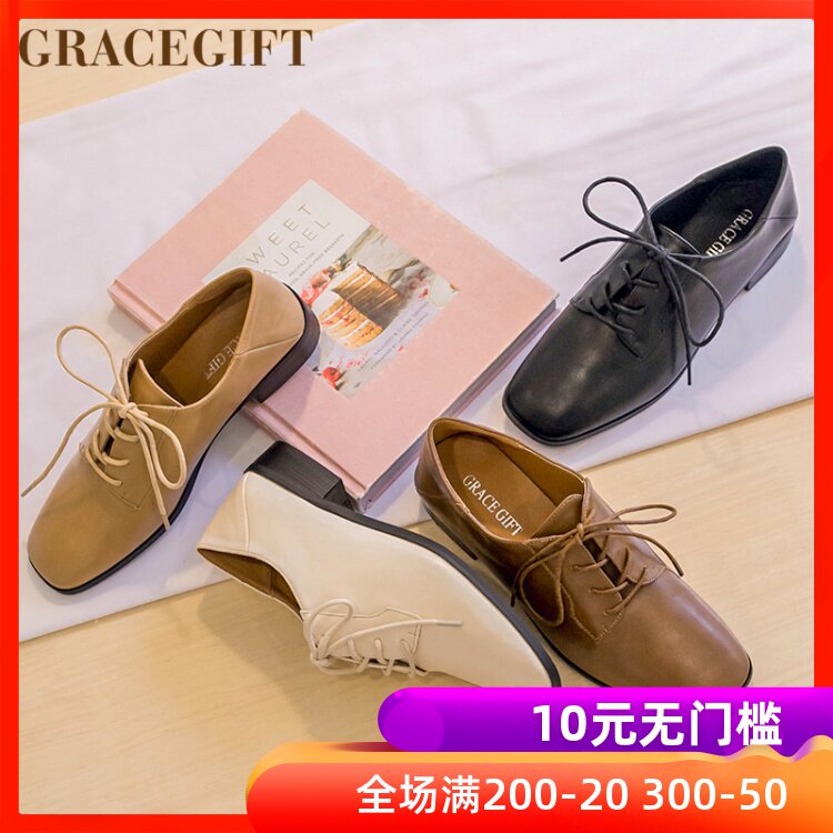 grace gift方头小皮鞋女复古英伦绑带布洛克鞋中性风单鞋工装鞋女