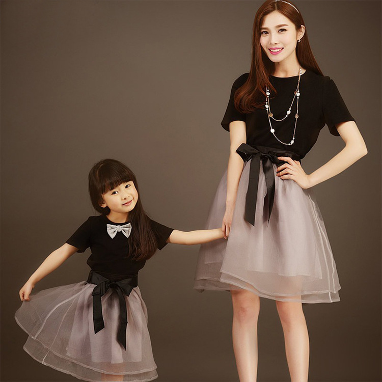 夏装亲子装母女裙装韩版时尚短袖T恤网纱裙套装女童公主裙蓬蓬裙