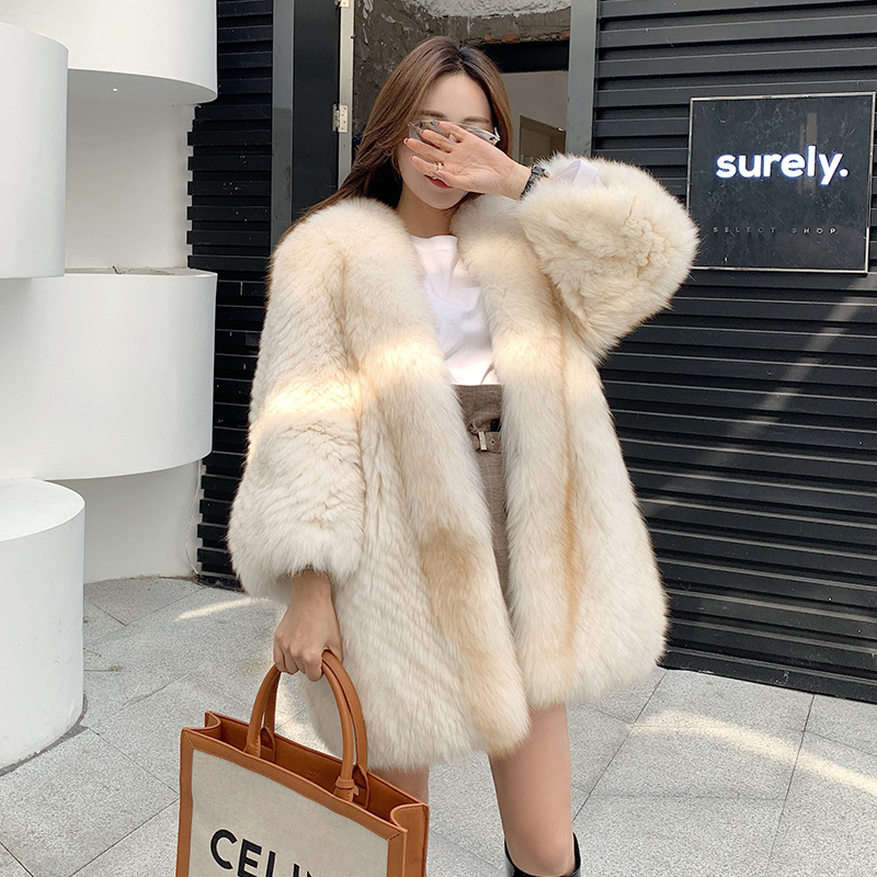 进口金岛白狐狸毛外套2019冬季新款女装中长款毛绒绒皮草大衣女