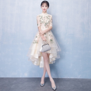 宴会晚礼服2018新款优雅旗袍前短后长款小礼服连衣裙女中式伴娘服旗袍