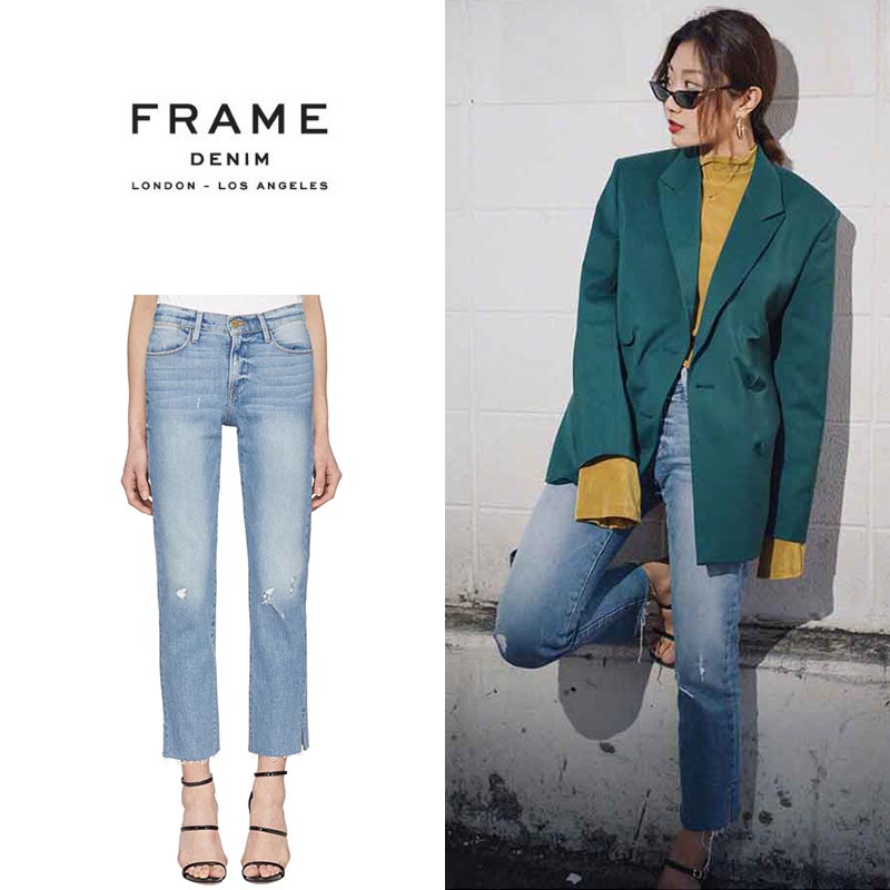 美国代购frame denim 春夏高腰bf男朋友风破洞小直筒开叉牛仔裤女