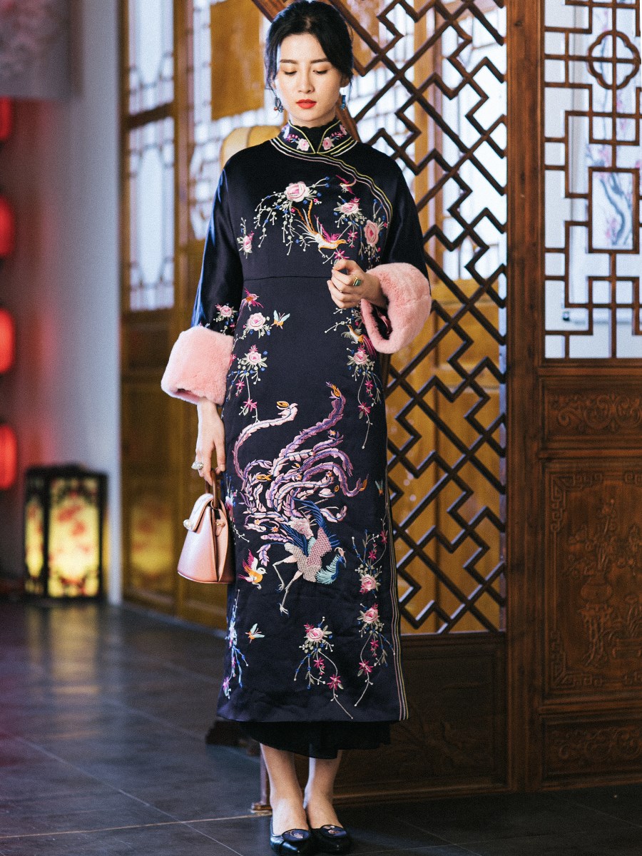 cpp540a刘嘉玲同款秋冬中式复古獭兔毛绣花加棉倒大袖旗袍外套女