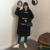Autumn and winter Japanese mid-length horn button coat female small Korean version loose wild Hepburn wind woolen coat