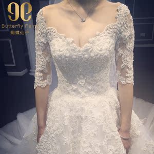 婚纱礼服2017春季新款新娘一字肩齐地长拖尾中袖齐地结婚v领显瘦婚纱礼服