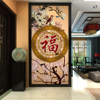 古典中式福字桃花玄关墙纸壁画 酒店屏风过道装饰画走廊背景壁纸