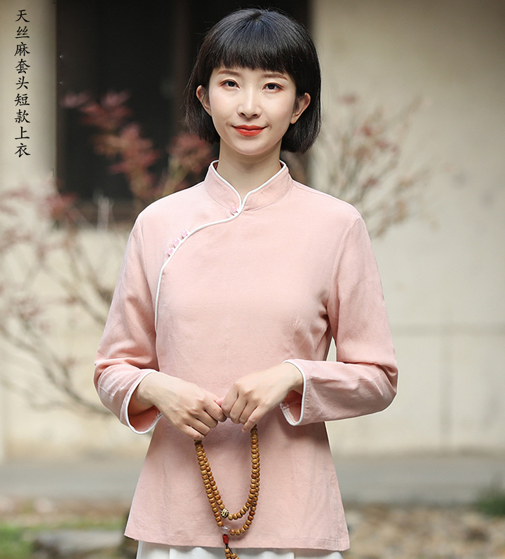 禅茶服 女 中国风棉麻改良旗袍上衣盘扣唐装女中式茶艺师服装女夏