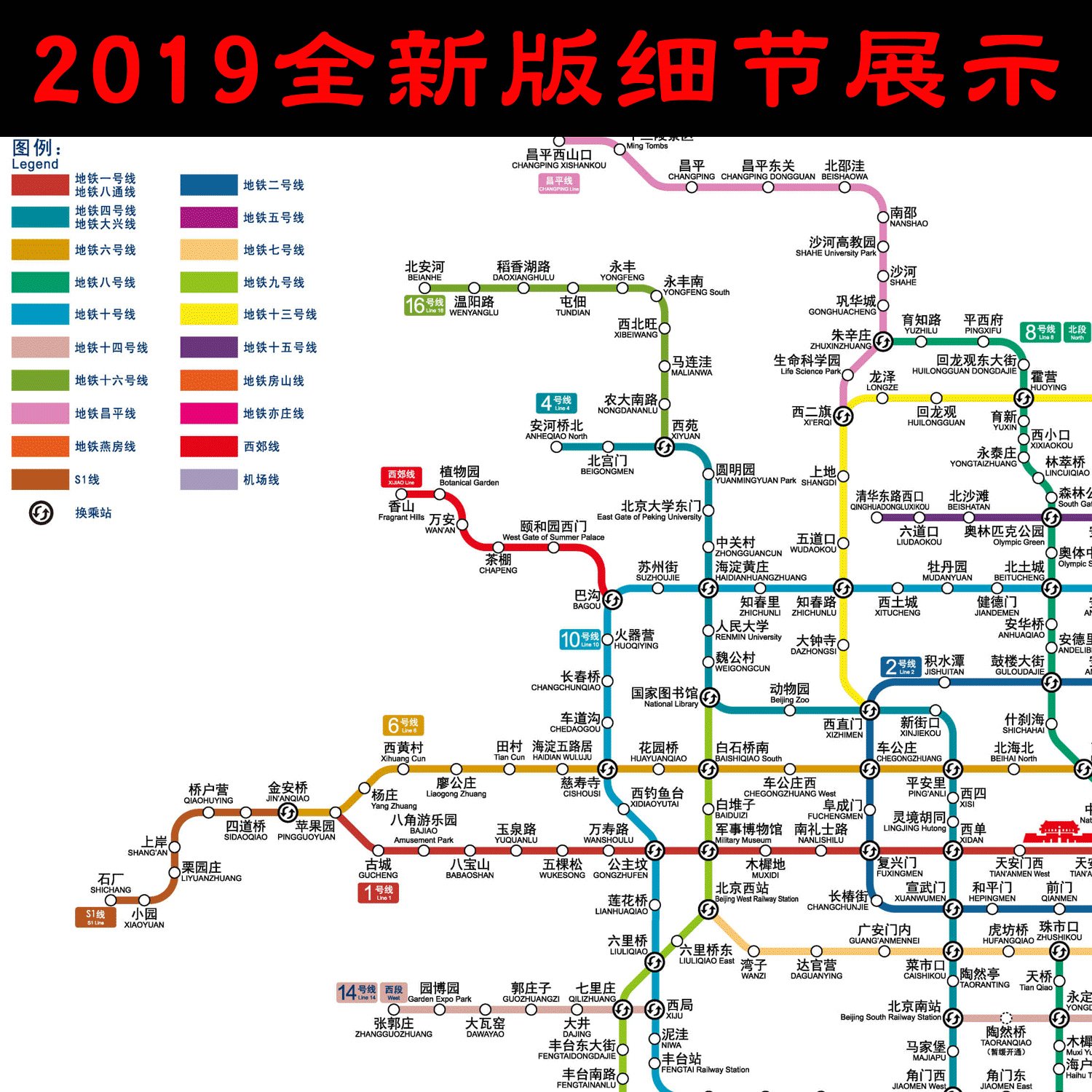 北京交通地铁线路图2019新版 北京市地铁换乘路线示意图海报贴纸
