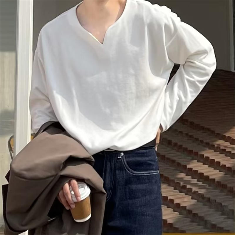 韩版insV领设计感长袖T恤