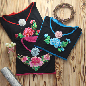 广场舞服夏装大码中老年短袖莫代尔刺绣女装舞蹈服装广场舞妈妈装广场服装