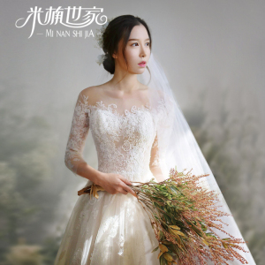 2017春季一字肩新款韩式蕾丝中袖婚纱蕾丝显瘦小拖尾婚纱定制大码婚纱