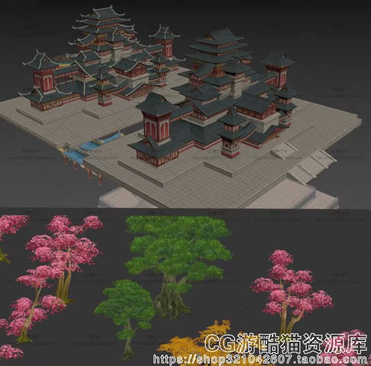中国风仙侠武侠场景3d模型 古风建筑植物山石 cg场景设计素材