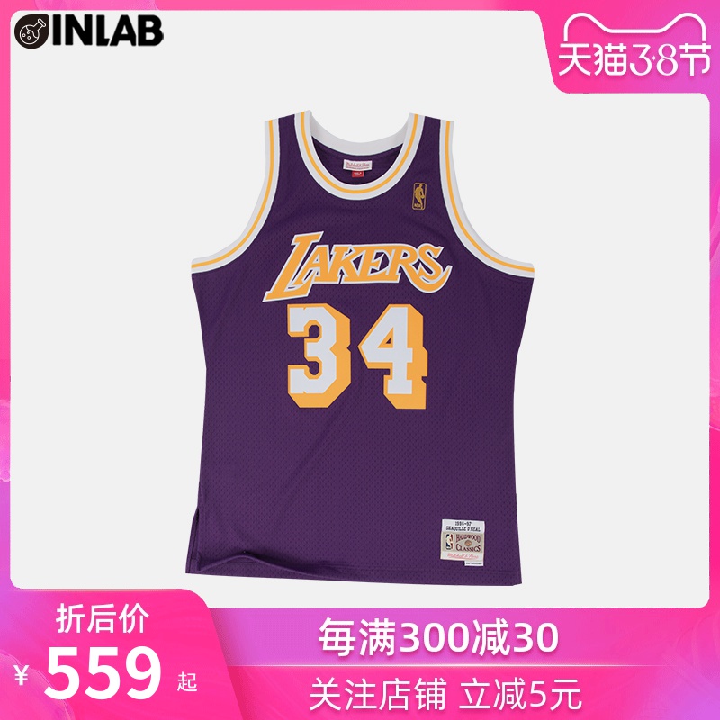 mitchell&ness mn复古球衣洛杉矶湖人队奥尼尔紫色客场