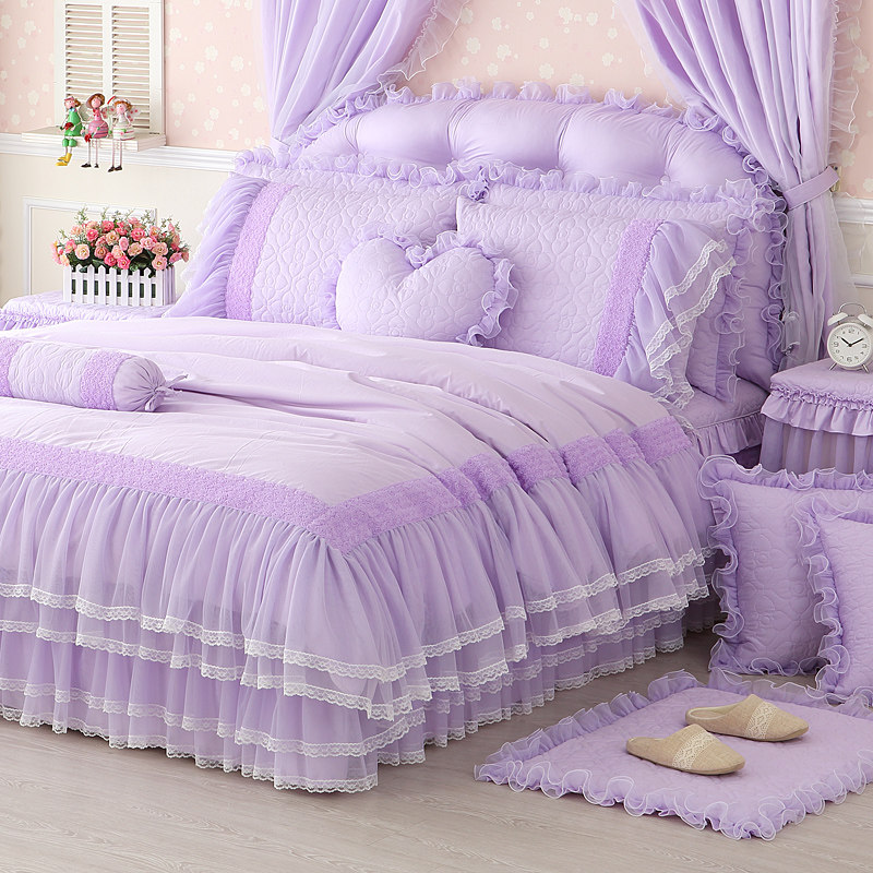 薰衣草紫色床上四件套公主风床裙夹棉床品蕾丝花边被套纯棉1.8m床