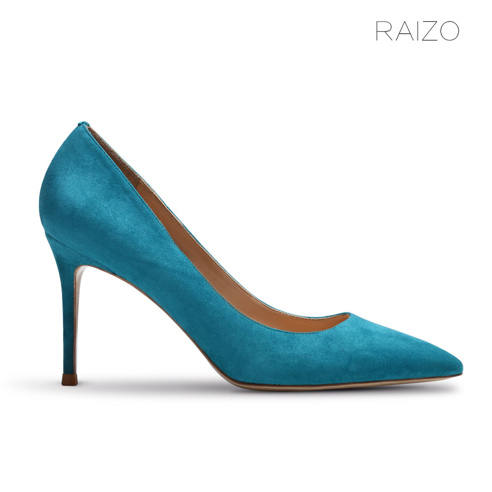 raizo 孔雀蓝反绒 高跟鞋尖头细跟舒适真皮大底手工女鞋 模特走秀