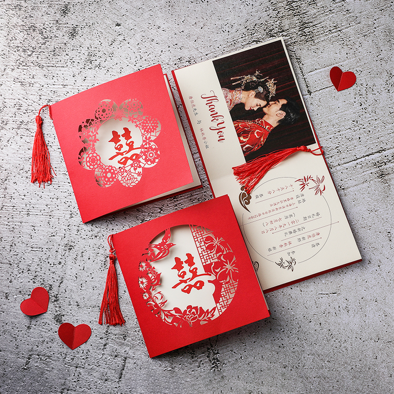 网红中国风婚礼请帖结婚2019中式创意定制可打印照片结婚请柬喜贴