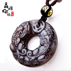 晶佑祥福天然冰种彩眼黑曜石双貔貅平安扣吊坠男女项链水晶饰品水晶吊坠