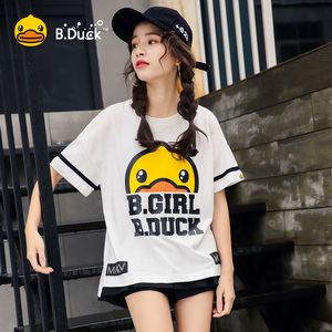 B.Duck小黄鸭2018夏新款时尚印花白色短袖T恤女宽松上衣打底衫潮女装T恤
