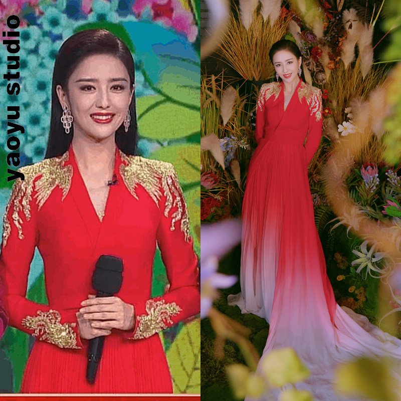 佟丽娅好美春晚主持人同款红色拜年礼服仙女气质v领中国红连衣裙