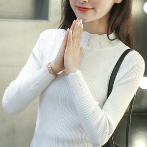 秋冬新款韩版花边套头毛衣女长袖短款针织衫半高领修身打底衫上衣针织上衣女