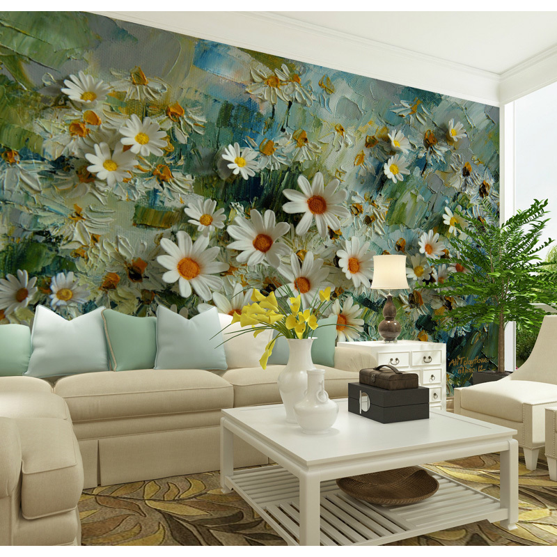 8d立体手绘油画艺术风格壁画客厅电视背景墙壁纸墙布玄关大型花卉