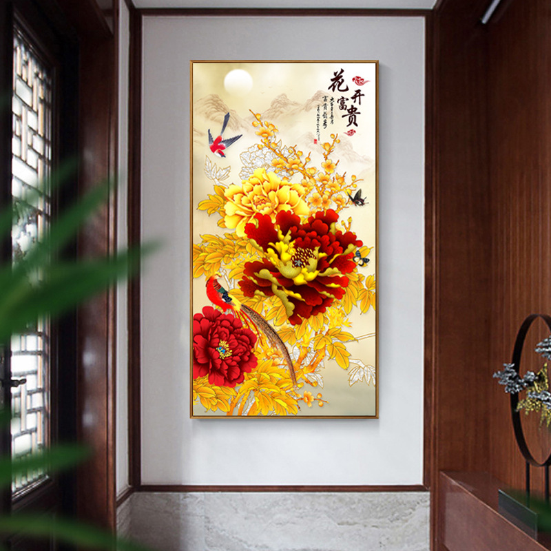 新中式玄关装饰画中国风进门楼梯口走廊过道竖版墙壁挂画花开富贵
