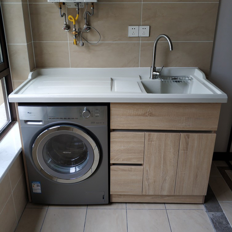 实木洗衣柜阳台柜组合高低洗衣机伴侣浴室柜石英石洗池带搓板