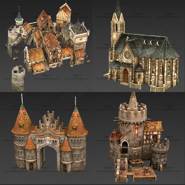 q版中世纪城堡教堂3d模型 游戏欧式建筑 cg场景设计参考素材7730