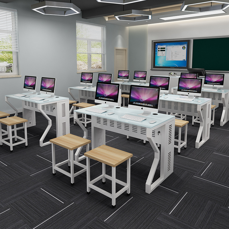 学校电脑桌微机室培训班台式电脑桌双人玻璃屏风一体电脑桌椅定制