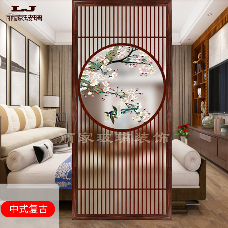 新中式艺术玻璃过道入门玄关客厅屏风洗手阳台隔断双面磨砂雕花圆
