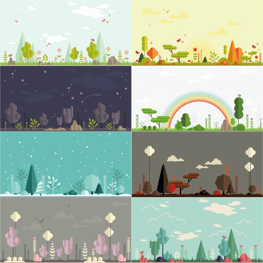 扁平化卡通可爱森林植物风景插画场景背景图案矢量图片设计ai素材
