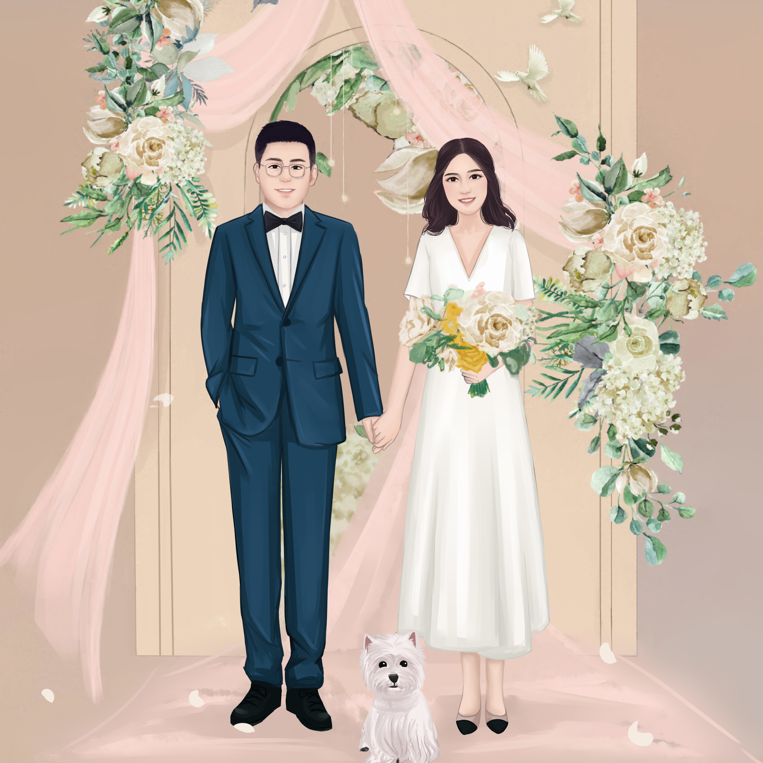 婚礼婚纱照手绘卡通漫画设计请柬迎宾水牌喜帖邀请函展牌插画设计