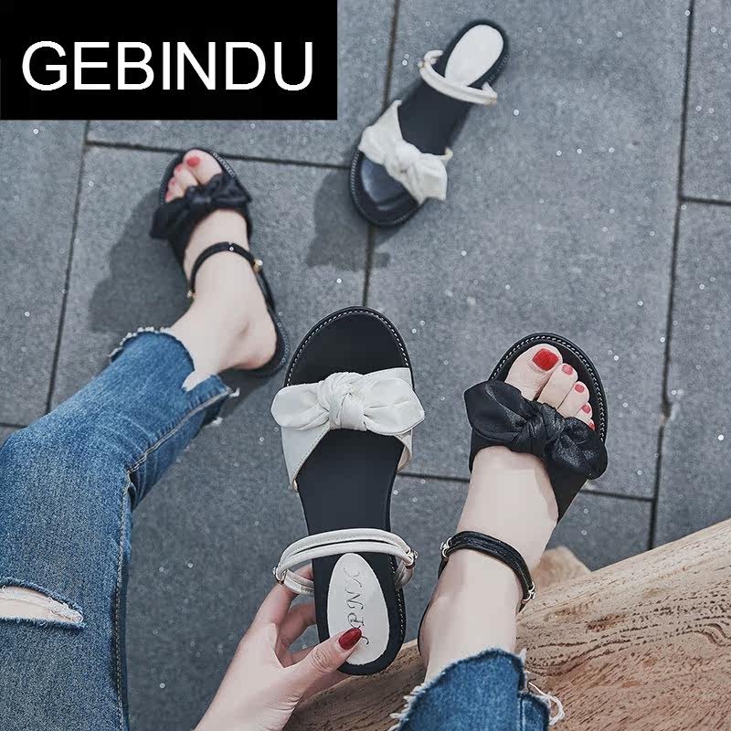 gebindu蝴蝶结厚底两穿凉鞋子仙女的鞋复古2018夏季新款韩版百搭