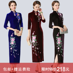 生香记807复古绣花金丝绒旗袍连衣裙婚礼妈妈装宴会长款丝绒旗袍旗袍