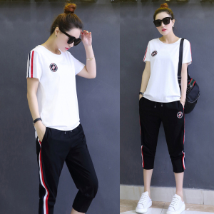 韩版时尚品牌休闲运动服套装女夏大码户外旅游短袖七分裤两件套薄品牌运动服