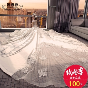 婚纱礼服长拖尾2017春季新款新娘韩式结婚齐地V领大拖尾缎面婚纱婚纱