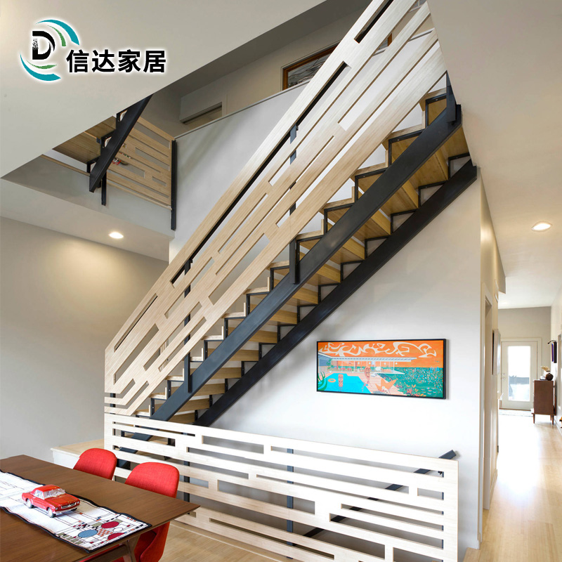 双梁楼梯整体定制阁楼室内实木踏步复式钢木直梯家用跃层厚重楼梯