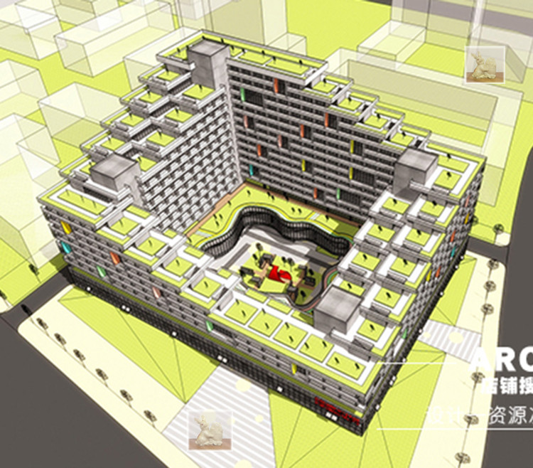 581现代集合退台式公寓/屋顶花园围合式高层住宅建筑设计su模型