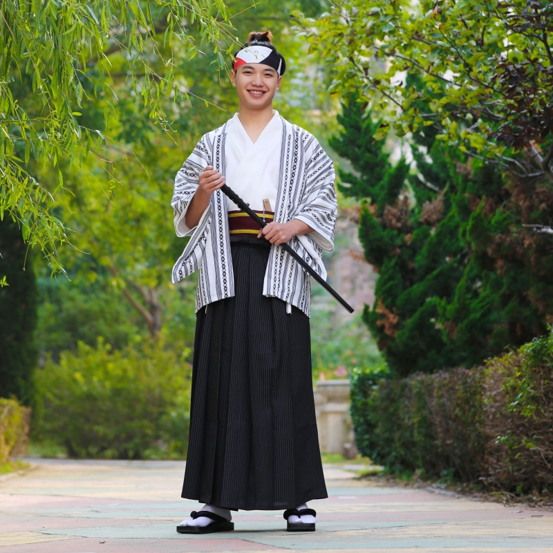 日本和服男日式和风黑白条套装传统正规武士婚礼和服羽织袴全套