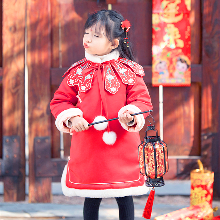 童装中国风冬加厚喜庆棉服女童新年棉衣女宝宝中式唐装拜年连衣裙