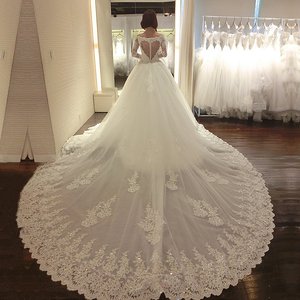 婚纱礼服2017新款长袖明星昆凌同款新娘结婚一字肩长拖尾齐地春夏婚纱