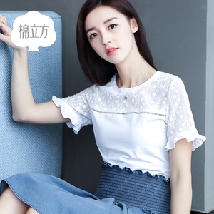 短袖修身白T恤女圆领上衣棉立方2017夏装新款女装韩版雪纺打底衫女装夏