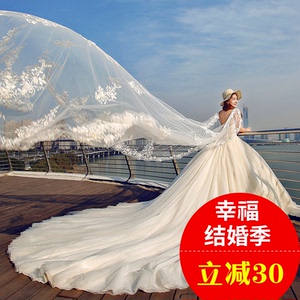 婚纱礼服新娘拖尾2017新款结婚大码孕妇齐地婚纱显瘦一字肩长拖尾婚纱