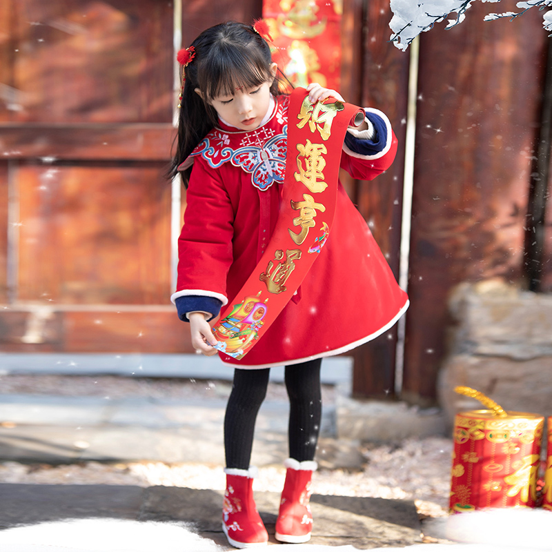 汉服女童加厚冬中国风小女孩中式过年棉服新年唐装喜庆宝宝拜年服