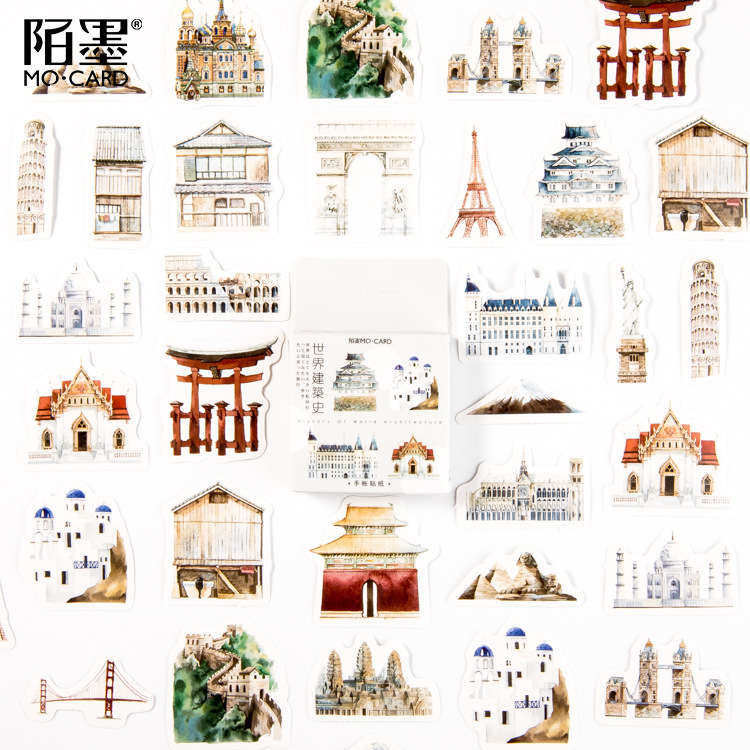 世界建筑史手帐贴纸 文艺旅行复古手账素材拼贴小贴画tn贴纸 45张