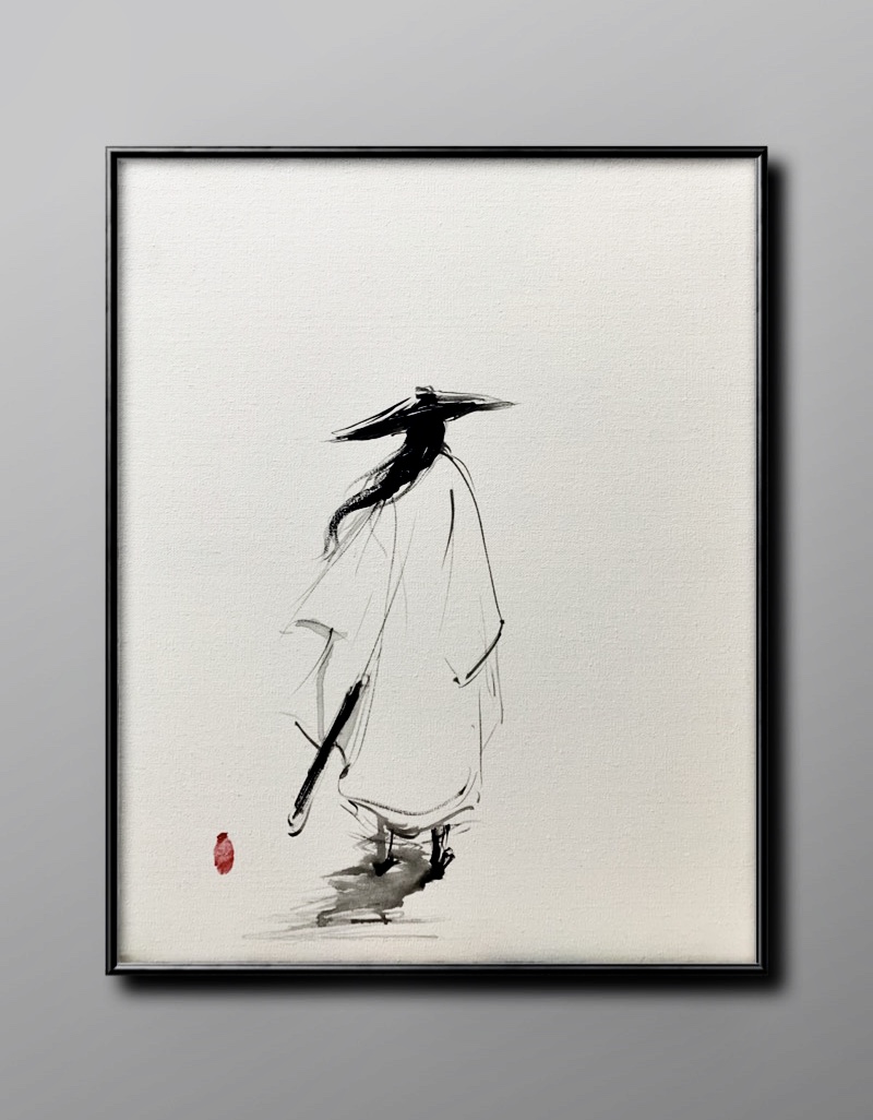 简约现代新中式 水墨风装饰画 江湖系列手绘作品《等风来》带画框