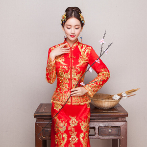 敬酒服新娘旗袍红色结婚礼服女中式喜服嫁衣长款长袖龙凤褂秀禾服旗袍长款
