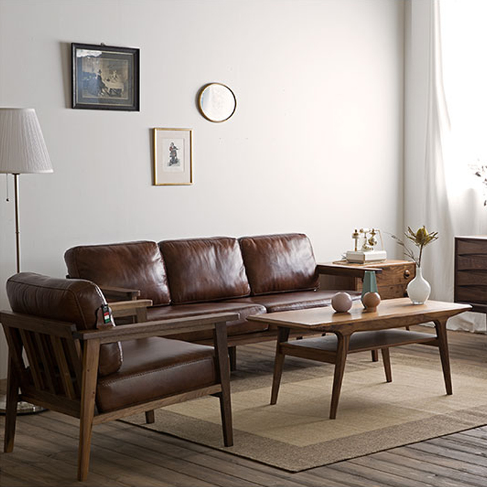 北美黑胡桃木实木沙发现代简约客厅家具组合北欧小户型真皮木蜡油