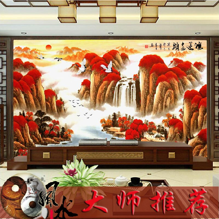 鸿运当头壁纸墙纸3d山水画8d中式电视背景墙壁画防霉5d立体风水画